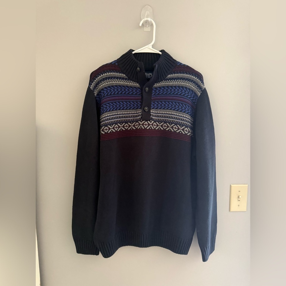 Chaps Knit Sweater Mens SZ M Mock Turtleneck 3 Button Pullover Nordic Blue
